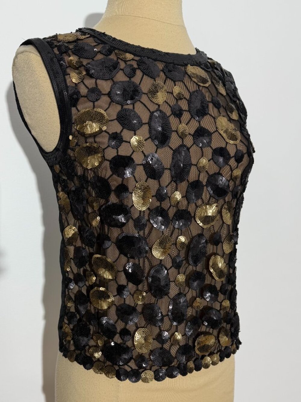 BCBGMaxAzria Porshea Sleeveless Black Gold Mesh Sequin Top NWT
